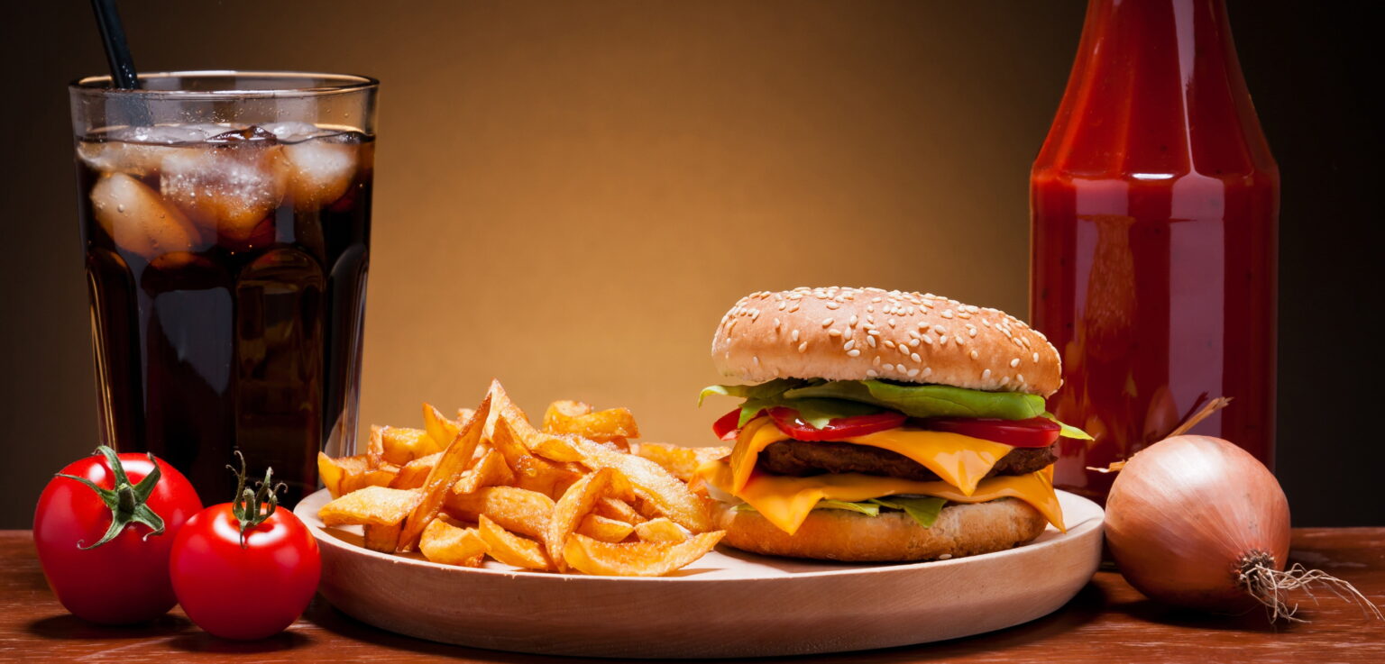 potatoes fries cola ice hamburger bun sesame vegetables tomatoes onions patty cheese e1432841865116 الوجبات السريعة تقتل بكتيريا الأمعاء المفيدة مجلة نقطة العلمية