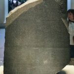 صورة لحجر رشيد الذي اكتشف في مدينة رشيد بمصر ثم نقل إلى المتحف البريطاني.