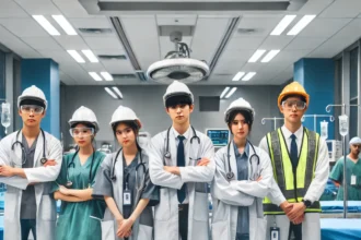 DALL·E 2024 10 21 16.22.28 A group of medical students wearing engineering attire standing in a modern hospital environment. They have stethoscopes around their necks but are d خبيرة في مجال الطب الدقيق: "أسعى لأن يصل الطب في دقته العلاجية إلى دقة الحسابات الهندسية" مجلة نقطة العلمية