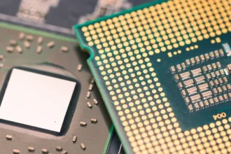 A close-up view of a CPU and a Graphics Processing Unit (GPU) strategically positioned on a computer motherboard