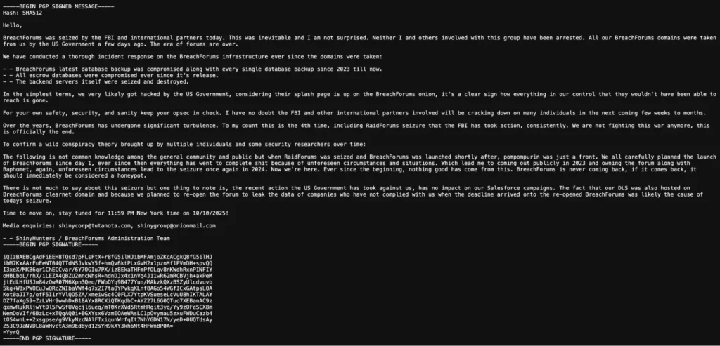 shinyhunters PGP signed statement.png السيطرة على BreachForums للمرة الرابعة 4، فهل هي النهاية؟! مجلة نقطة العلمية