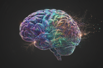A photorealistic 8k scientific visualization of a human brain, subtly glowing with intricate networks of neural connections firing and shifting. The brain is rendered in a clean, uncluttered composition against a dark, almost black void, emphasizing the complexity of the neural pathways. The connections are visualized as delicate, bioluminescent strands of light, constantly rearranging and reforming, suggesting a state of perpetual flux and unpredictable change. Professional lighting highlights the subtle textures and structures of the brain tissue, conveying a sense of awe and scientific mystery. Aspect ratio: 16:9.