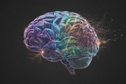 A photorealistic 8k scientific visualization of a human brain, subtly glowing with intricate networks of neural connections firing and shifting. The brain is rendered in a clean, uncluttered composition against a dark, almost black void, emphasizing the complexity of the neural pathways. The connections are visualized as delicate, bioluminescent strands of light, constantly rearranging and reforming, suggesting a state of perpetual flux and unpredictable change. Professional lighting highlights the subtle textures and structures of the brain tissue, conveying a sense of awe and scientific mystery. Aspect ratio: 16:9.