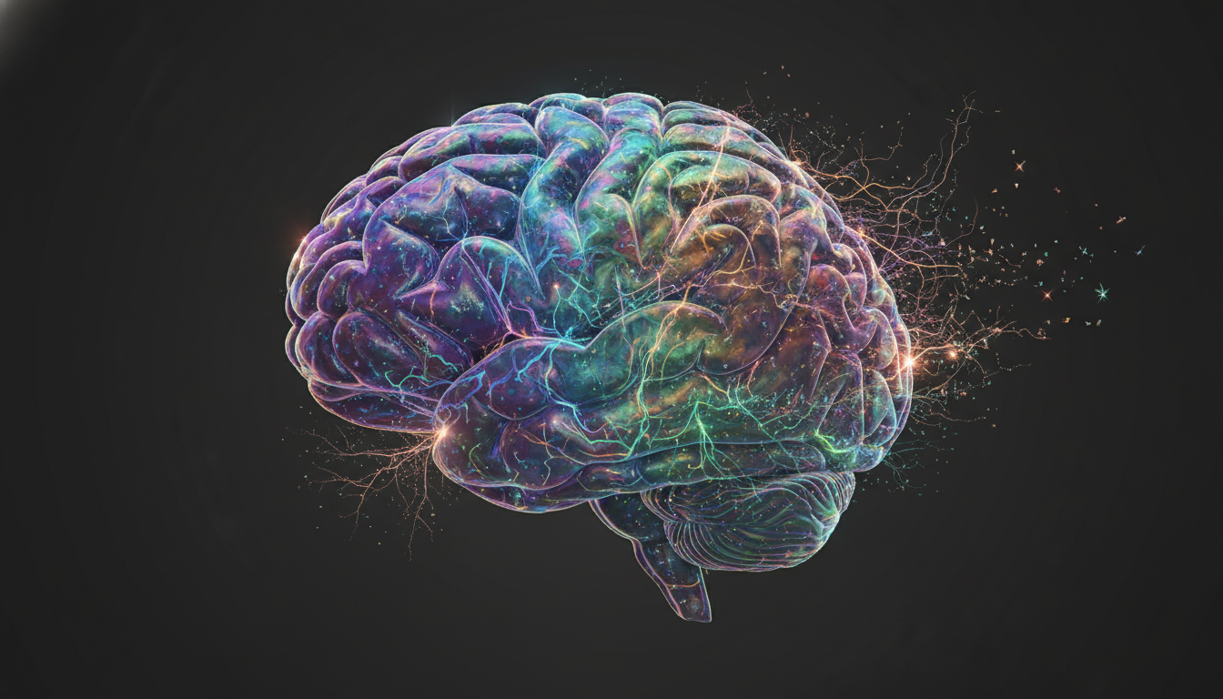 شيفرة الدماغ تبدو في تغير مستمر .. ماذا يعني ذلك؟ 1 A photorealistic 8k scientific visualization of a human brain, subtly glowing with intricate networks of neural connections firing and shifting. The brain is rendered in a clean, uncluttered composition against a dark, almost black void, emphasizing the complexity of the neural pathways. The connections are visualized as delicate, bioluminescent strands of light, constantly rearranging and reforming, suggesting a state of perpetual flux and unpredictable change. Professional lighting highlights the subtle textures and structures of the brain tissue, conveying a sense of awe and scientific mystery. Aspect ratio: 16:9.